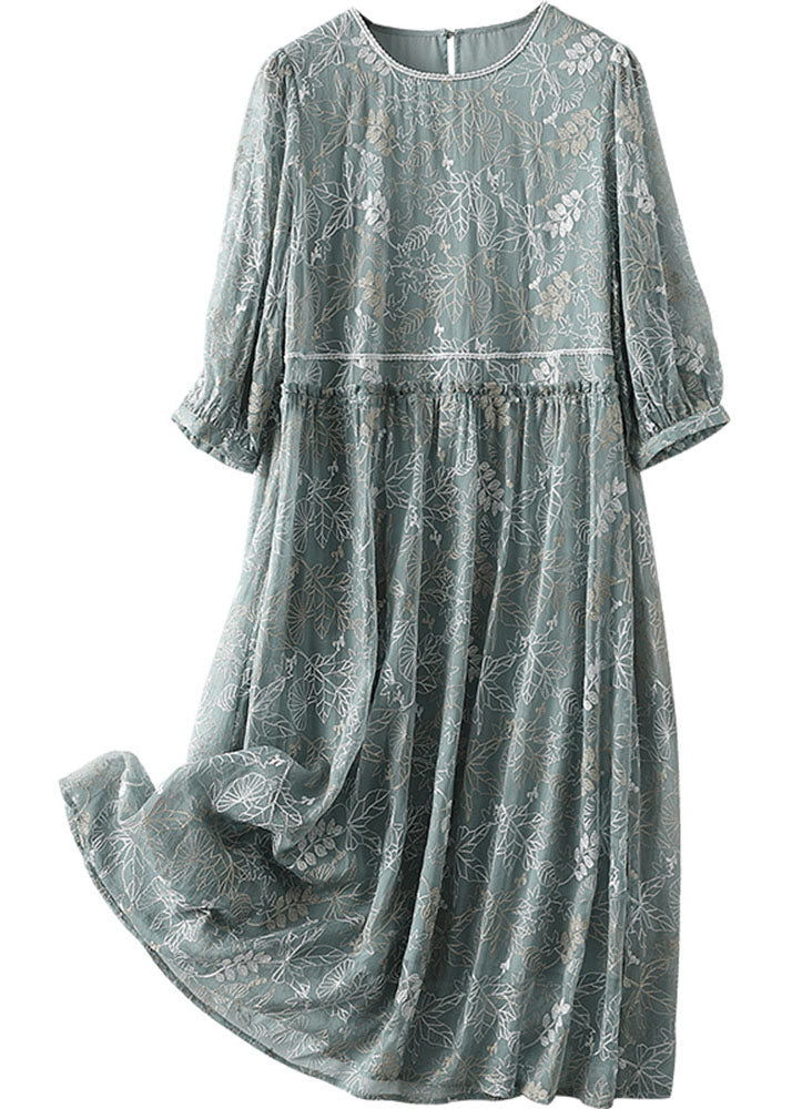 Grey Blue Hollow Out Printing Silk Dress Long Sleeve