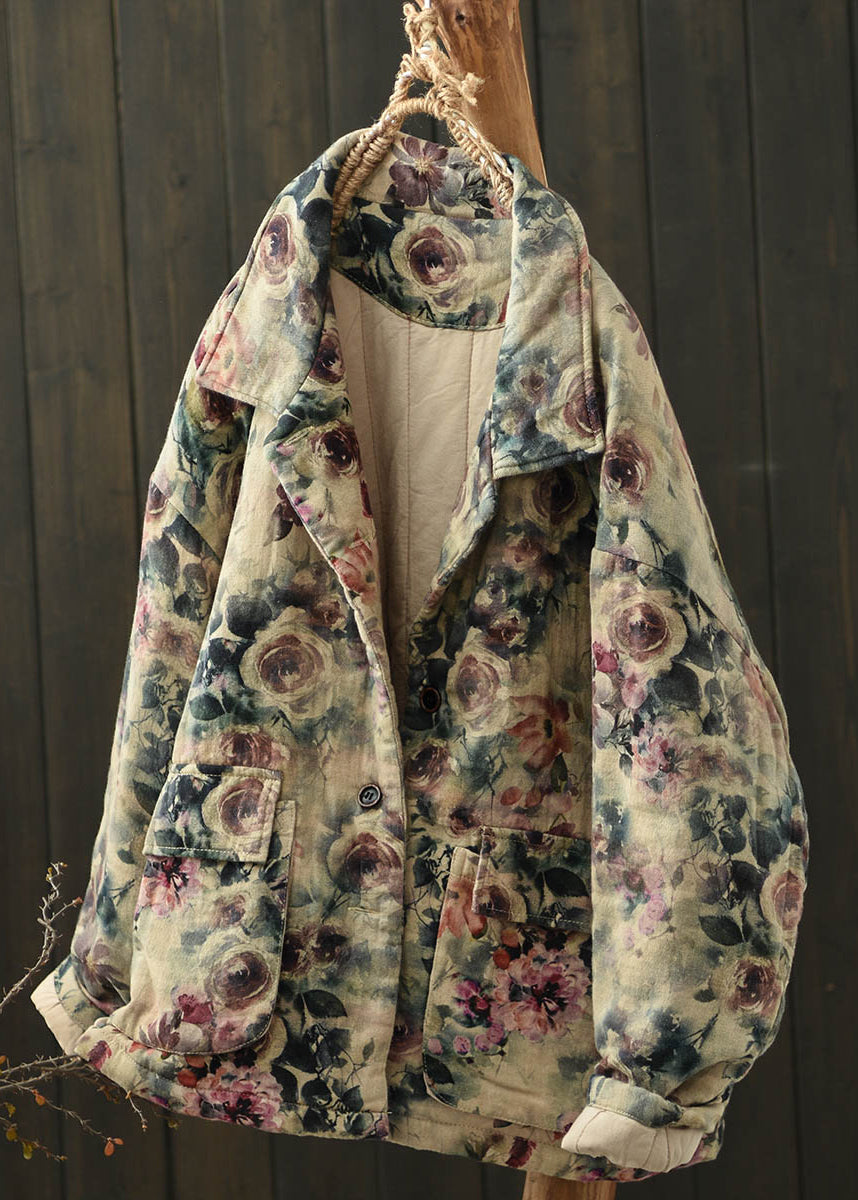 Khaki Peter Pan Collar Print Fine Cotton Filled Jacket Spring