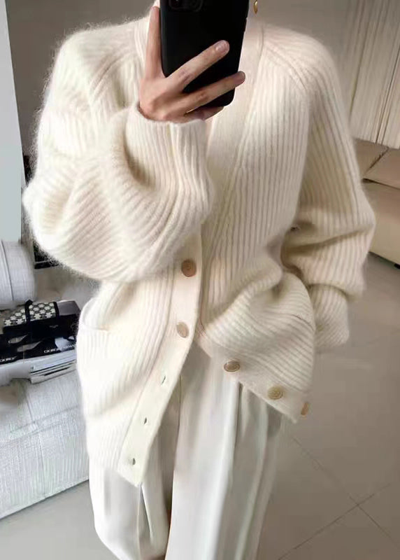 Beige V Neck Button Pockets Cotton Knit Coats Fall