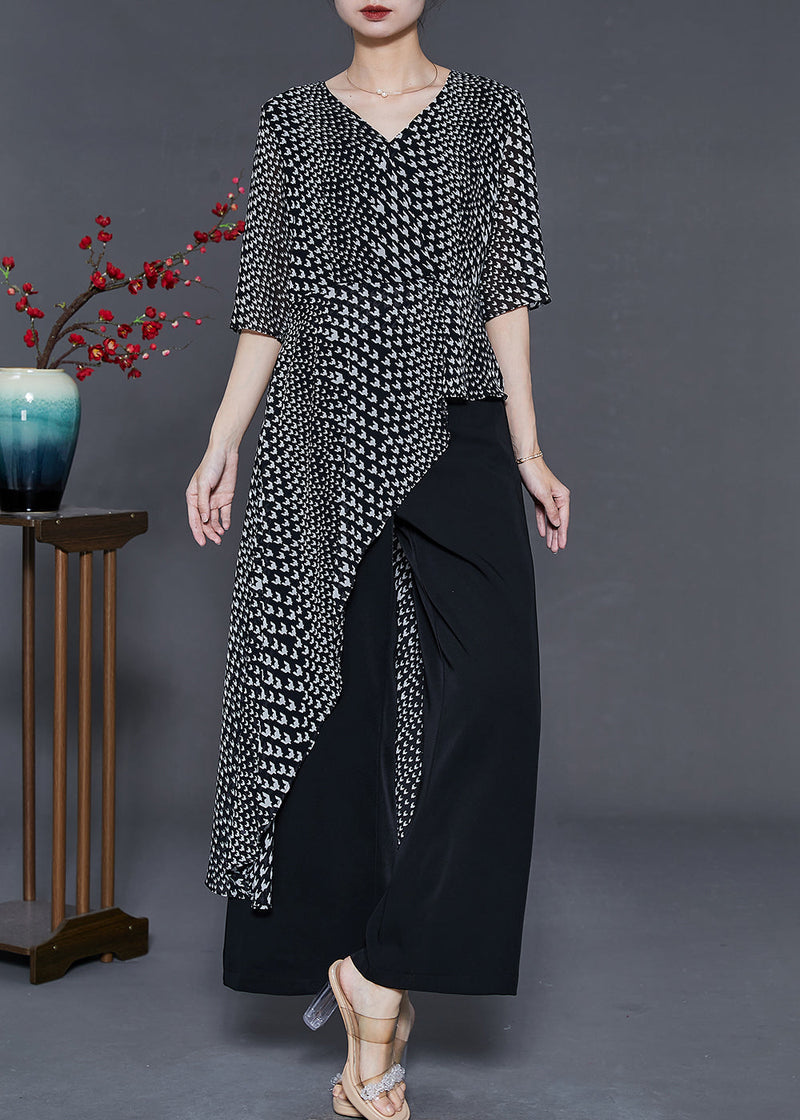 Fine Black Asymmetrical Print Chiffon Two Pieces Set Summer