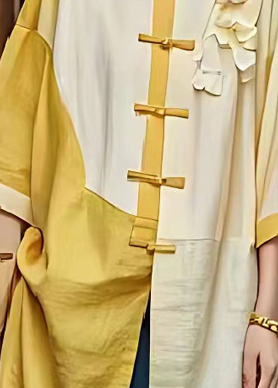 Light Yellow Chinese Button Patchwork Linen Dresses Summer