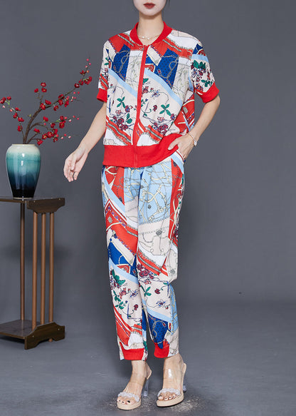 Zip Up Print Spandex Two Pieces Set Fall