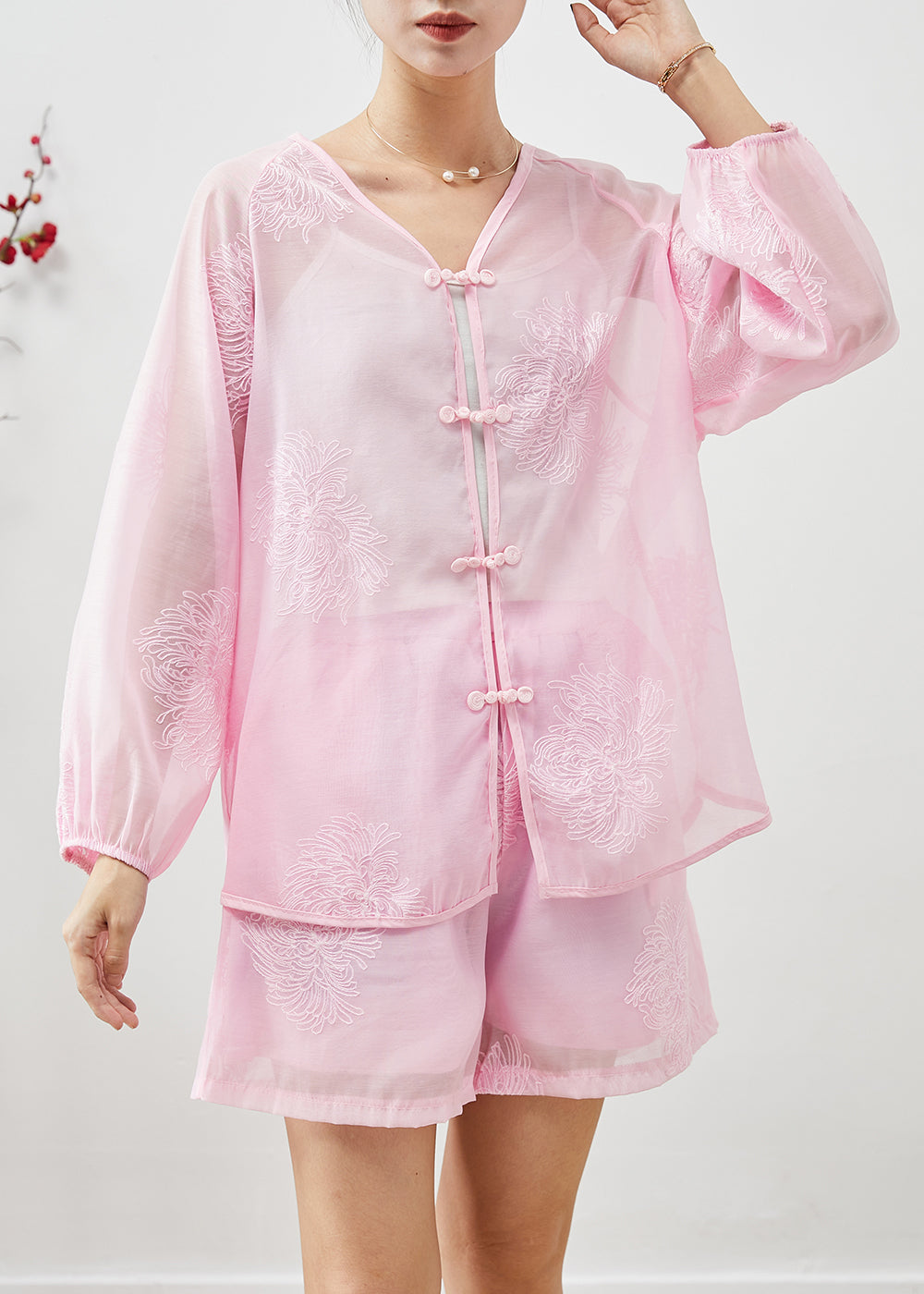 Pink Embroideried Chinese Button Linen Silk 2 Piece Outfit Summer