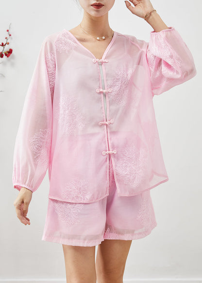 Pink Embroideried Chinese Button Linen Silk 2 Piece Outfit Summer
