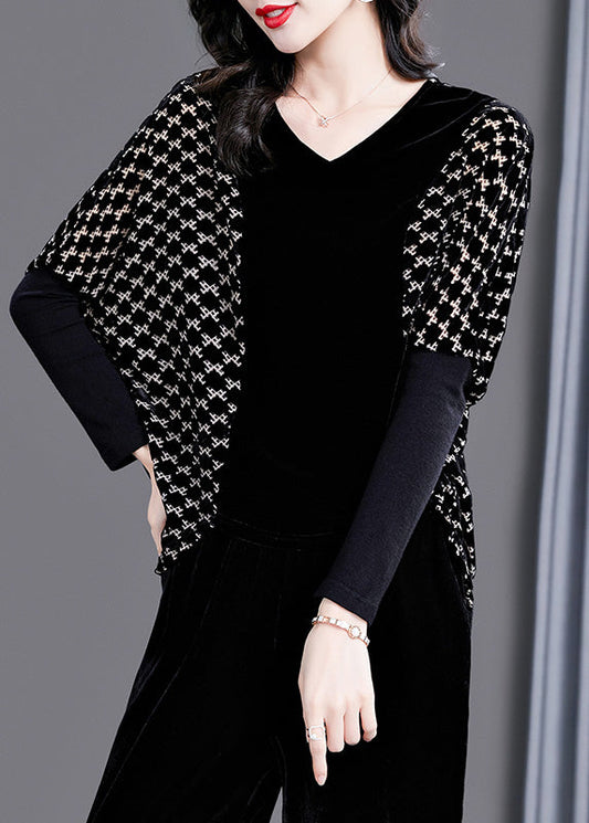 Black V Neck Plaid Patchwork Velour Tops Long Sleeve