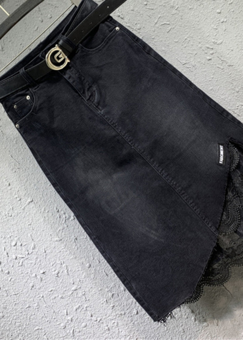 Black Lace Pockets Patchwork Denim Skirt Spring