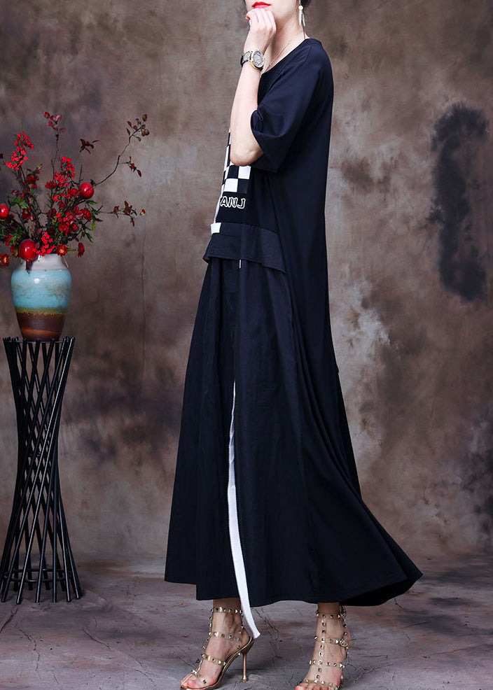 Black O-neck White Plaid Applique Oversized Cotton Sweatshirt Dresses Short Sleeve