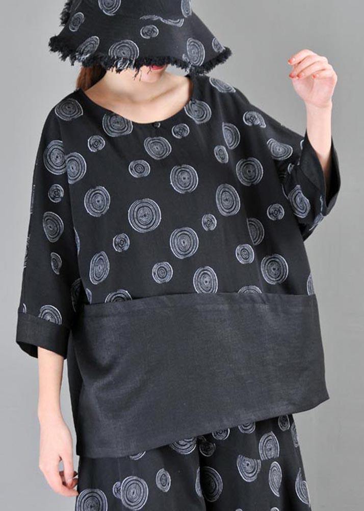 Organic Black Print Patchwork Cotton Linen Summer Shirt