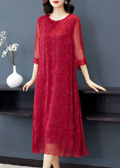 Red O-neck Embroideried Silk Dresses Long Sleeve