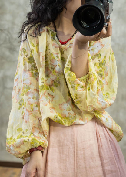 Yellow O Neck Print Linen Shirt Tops Lantern Sleeve