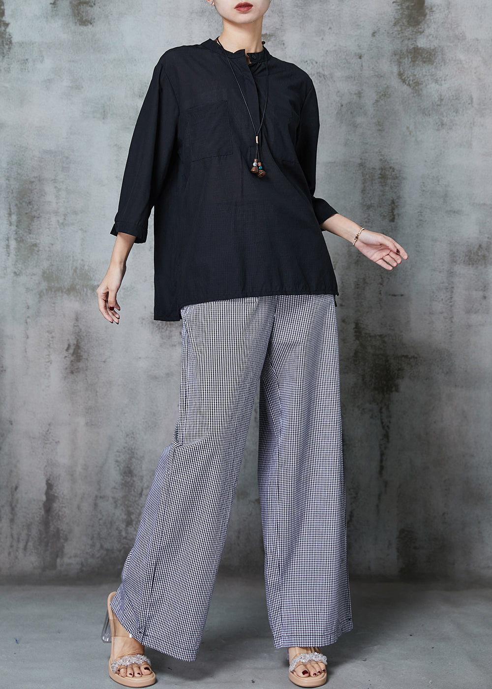 Black Oversized Plaid Linen 2 Piece Outfit Spring