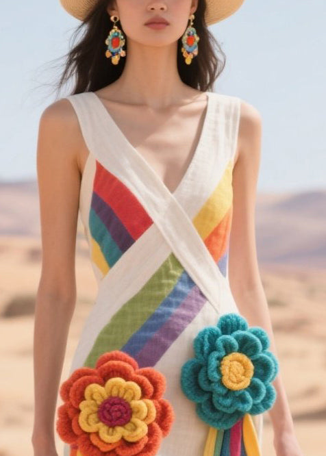 White Striped Flower Decorated Cotton Tea Dress Summer