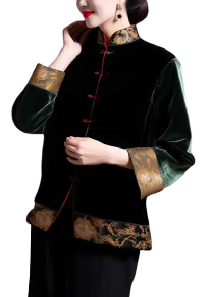 Loose Blackish Green Embroideried Button Silk Coats Long Sleeve