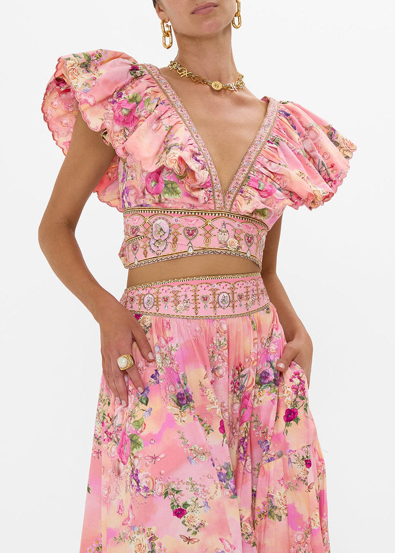 Pink V Neck Print Pockets Cotton Two Piece Set Summer
