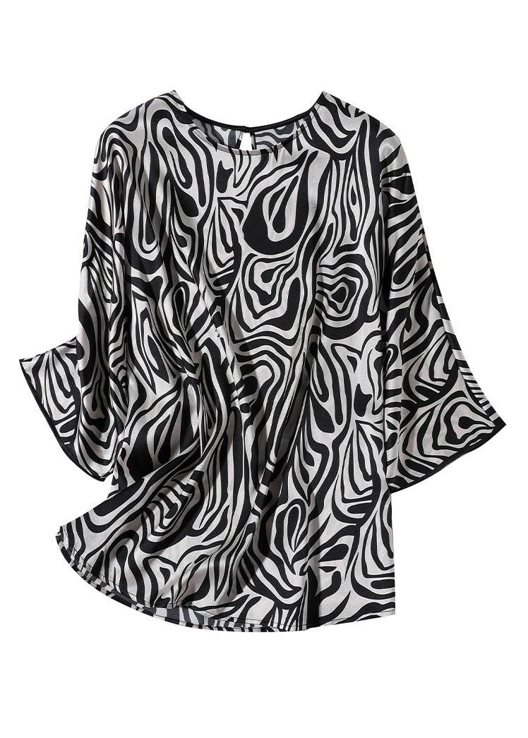 Loose Leopard O-neck Silk Tops Long Sleeve