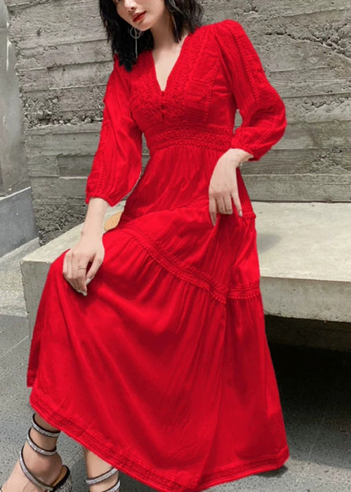 Red V Neck Wrinkled Cotton Long Dress Spring