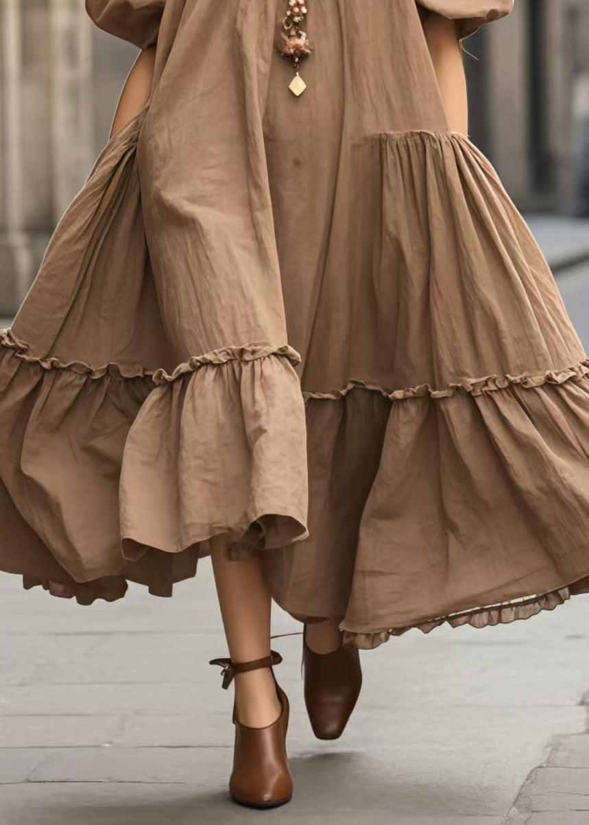 Brown Oversized Ruffled Vacation Dresses Lantern Sleeve