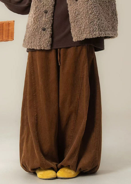 Brown Oversized Drawstring Corduroy Wide Leg Pants Spring