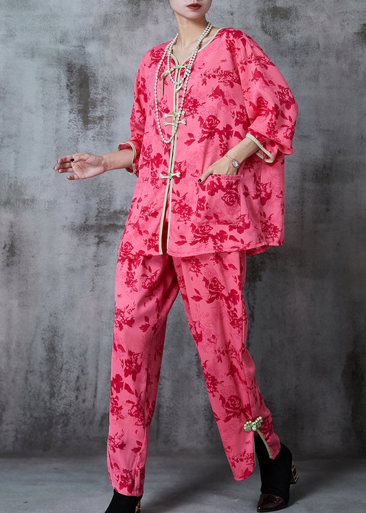 Red Print Chinese Button Cotton Two Pieces Set Summer