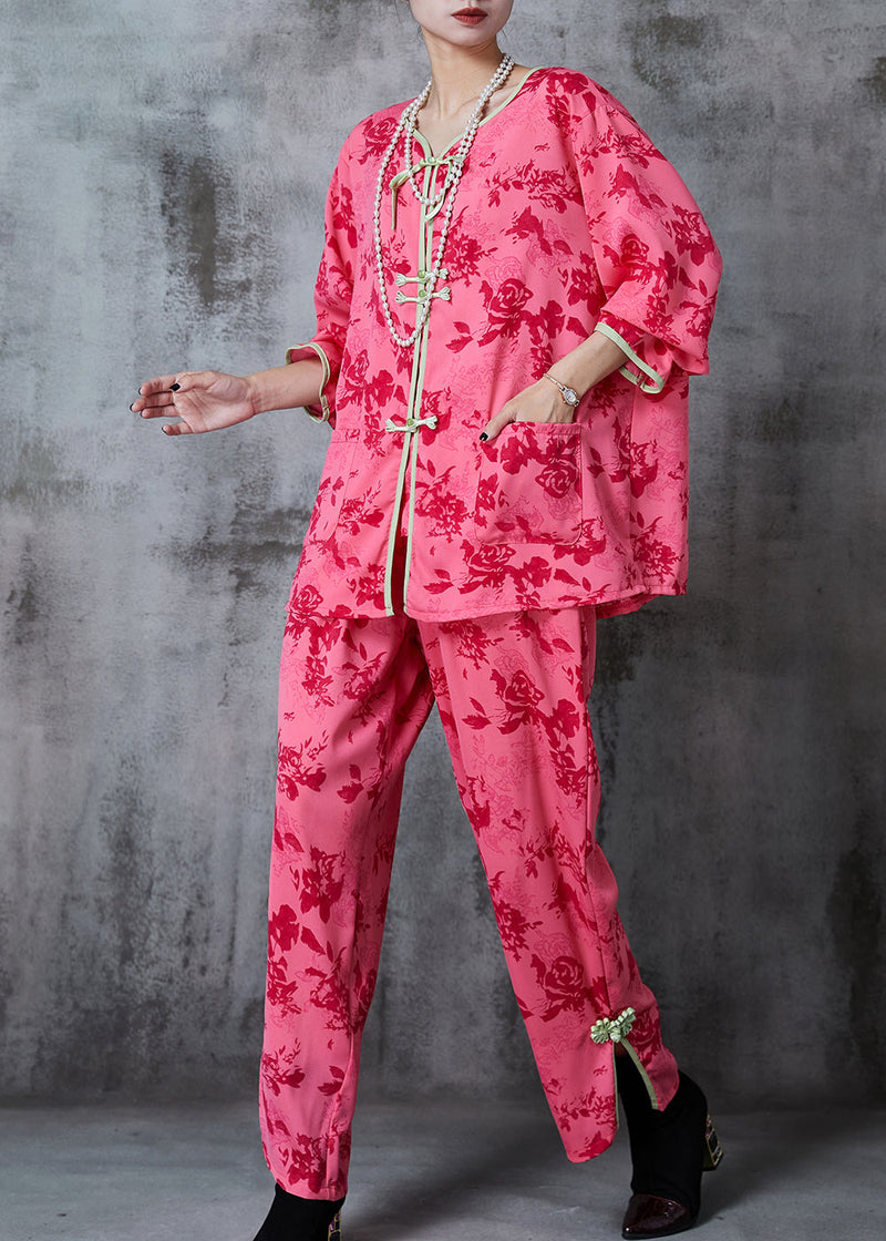 Red Print Chinese Button Cotton Two Pieces Set Summer