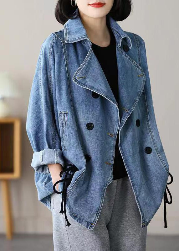 Blue Notched Patchwork Tie Waist Denim Coats Long Sleeve