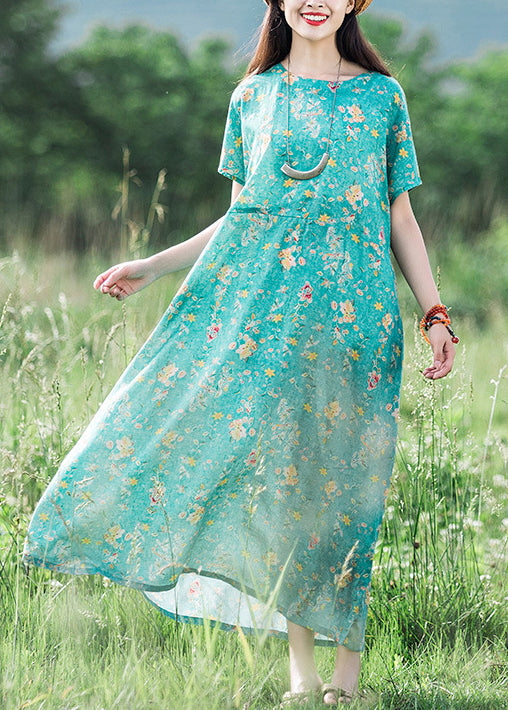 Green O-neck Print Linen Dress Short Sleeve