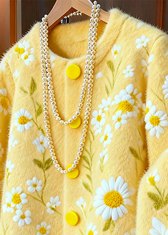 Yellow O Neck Dotted Daisy Knit Cardigans Winter