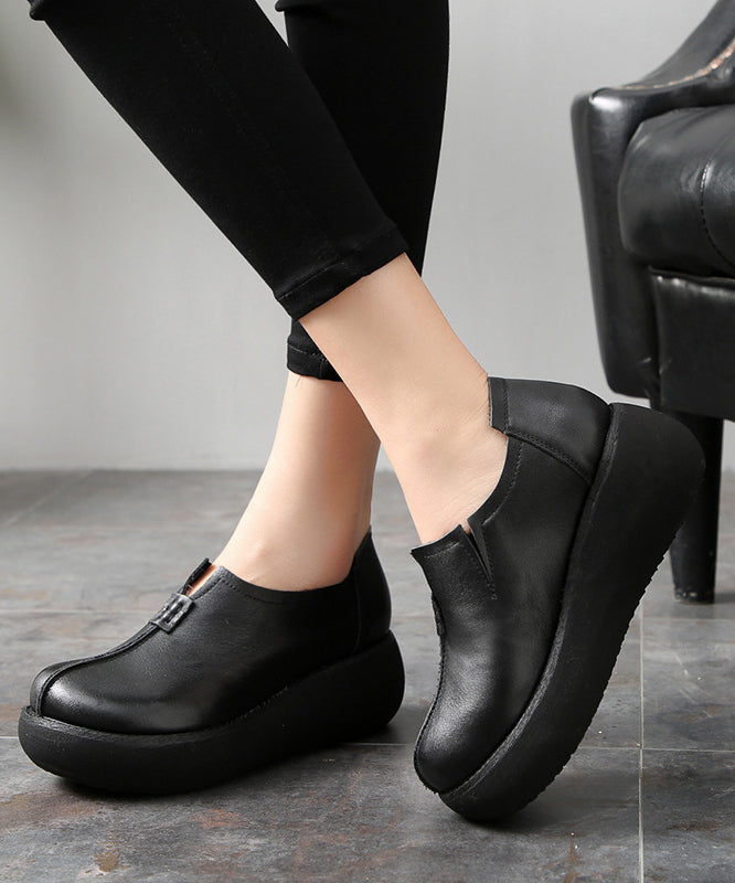 Black Cowhide Leather Flat Feet Shoes Platform Platform Flat Shoes