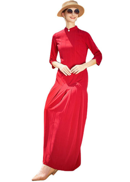 Red Stand Collar Wrinkled Chiffon Long Dresses Bracelet Sleeve
