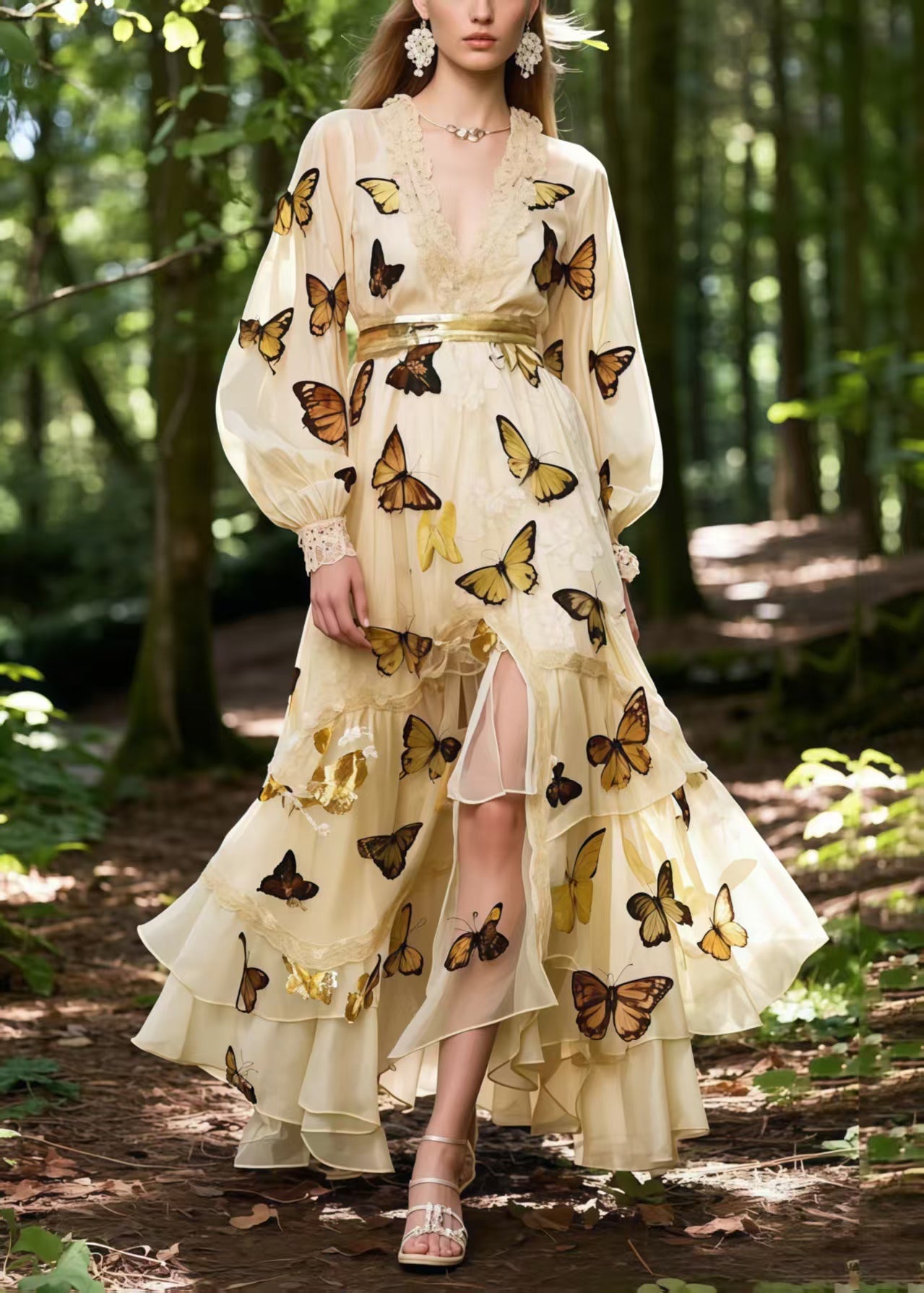 Apricot Butterfly Print Exra Large Hem Chiffon Party Dress Spring