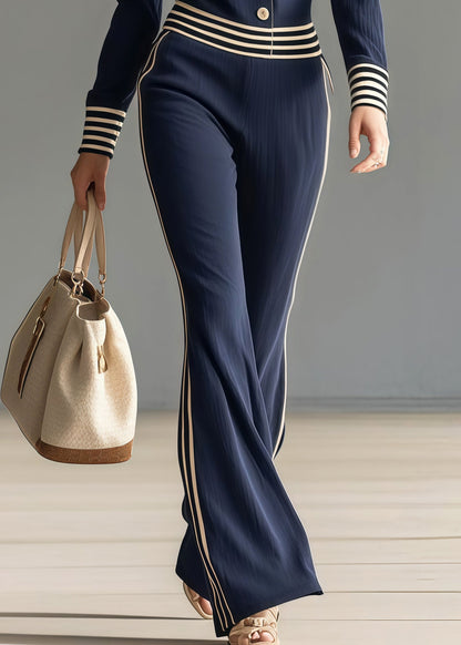 Navy Peter Pan Collar Patchwork Striped Cotton Jumpsuit Spring