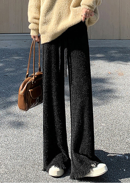 Black Raw Edge High Waist Mink Hair Knitted Pants