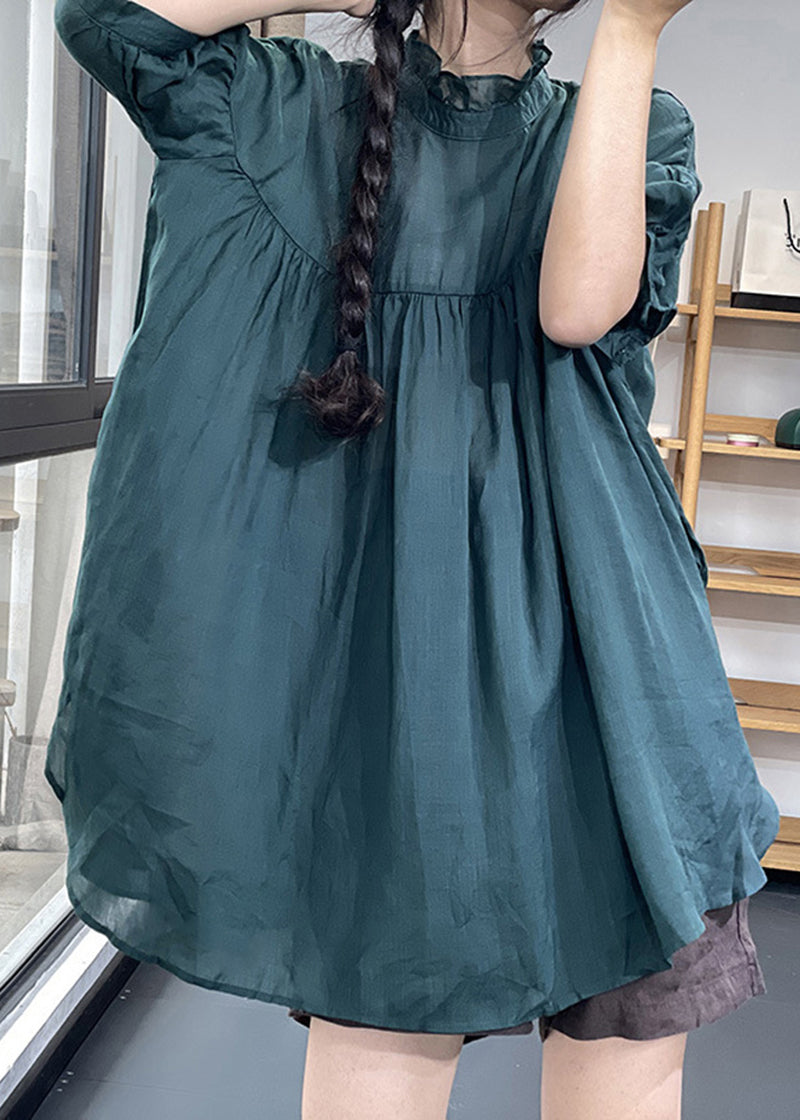 Blackish Green Ruffled Patchwork Wrinkled Linen Top Summer