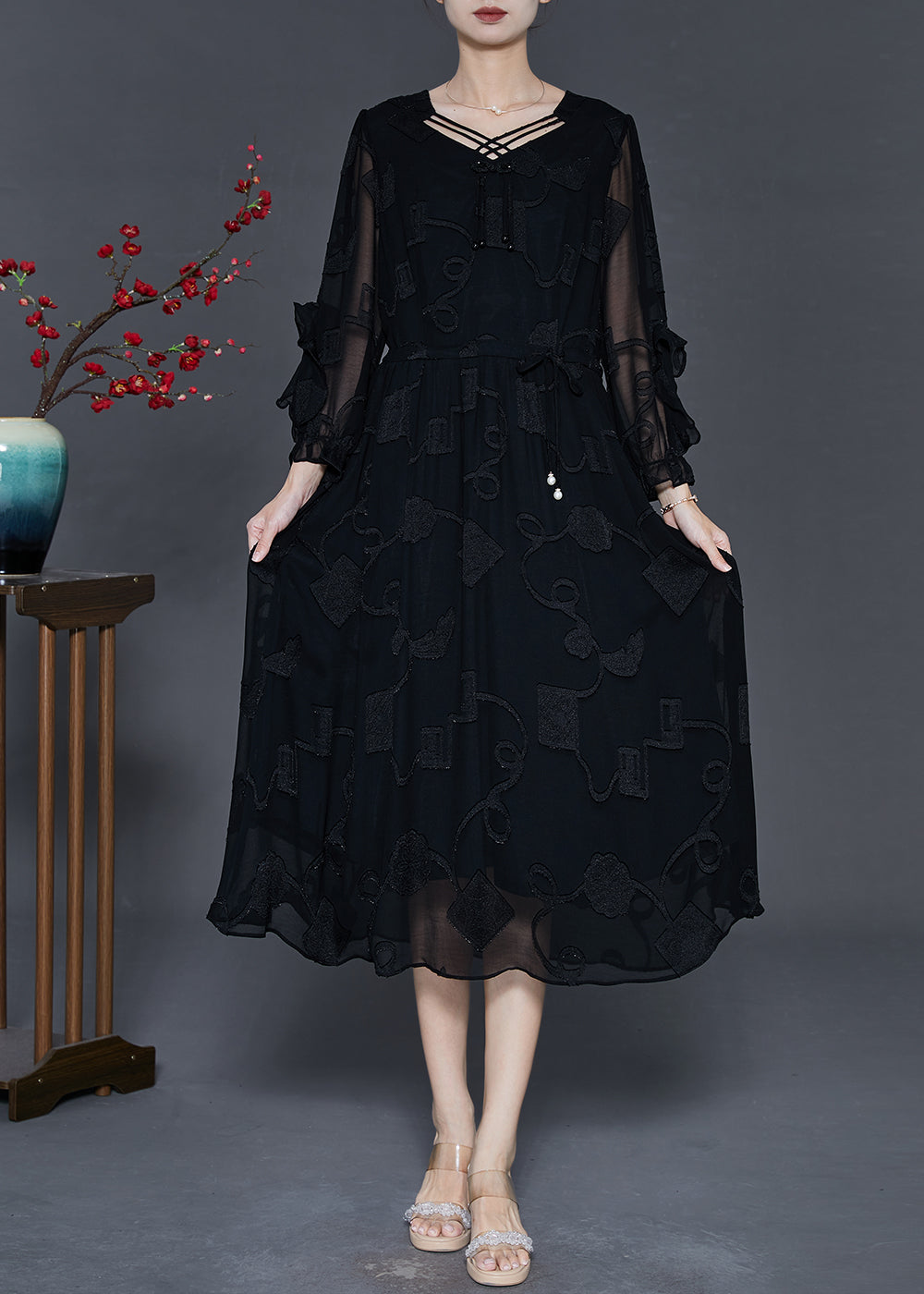 Modern Black Jacquard Tasseled Silk Maxi Dresses Spring