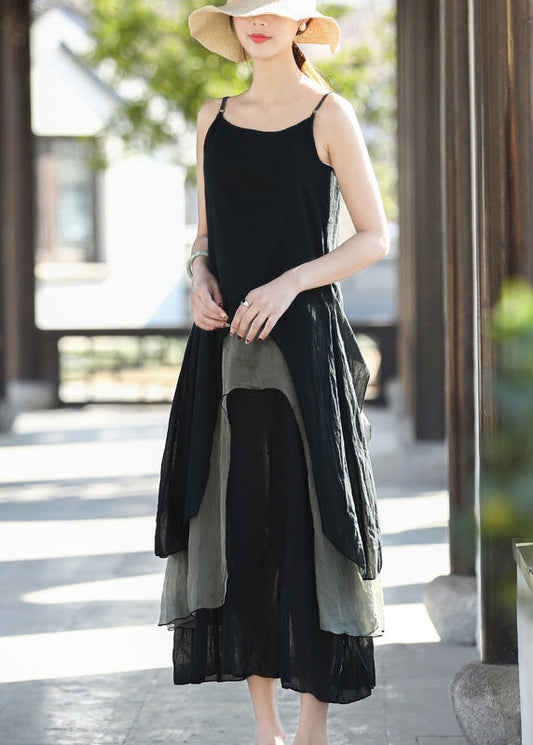 Black Colorblock Sied Open Cotton Spaghetti Strap Dresses Summer