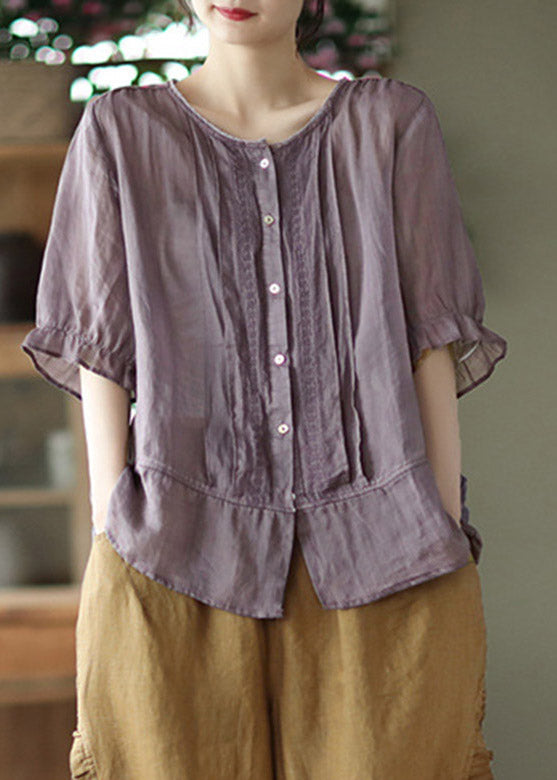Purple O-neck Patchwork Button Linen Shirt Half Sleeve