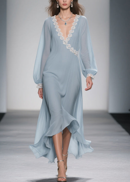Blue Lace Chiffon Long Dress Spring