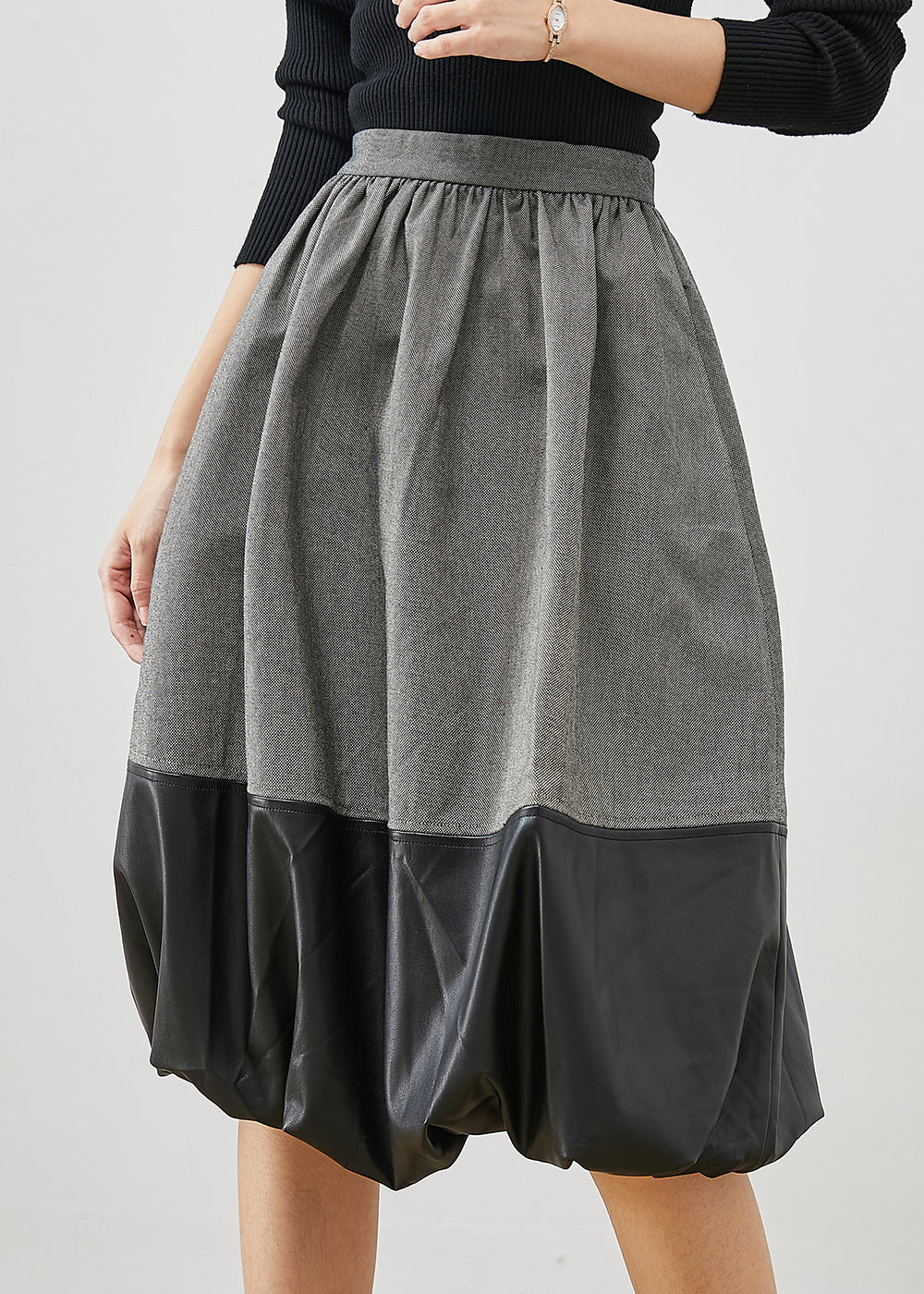 Italian Grey Faux Leather Patchwork Cotton Skirts Spring
