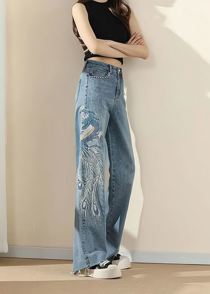 Blue Pockets Embroideried Nail Bead Denim Pants Spring