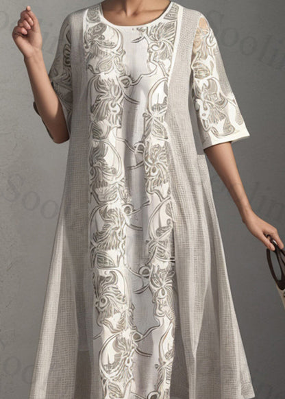 Apricot O Neck Print Patchwork Silk Dress Summer