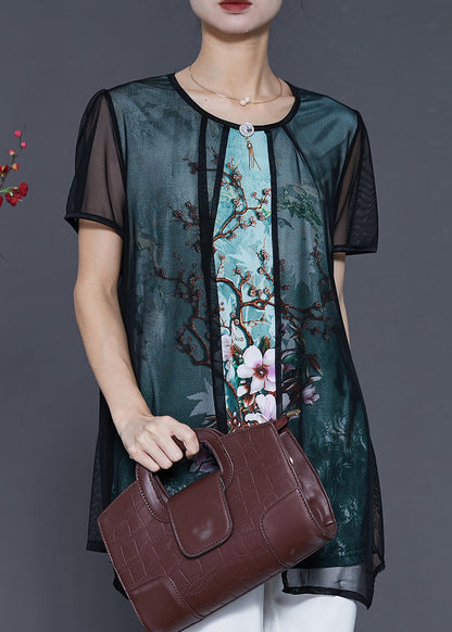 Green Flower Tulle Fake Two Piece Shirt Tops Summer