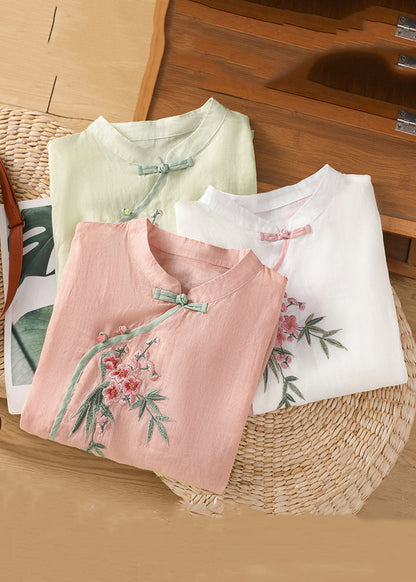White Stand Collar Embroidered Linen Shirt Bracelet Sleeve