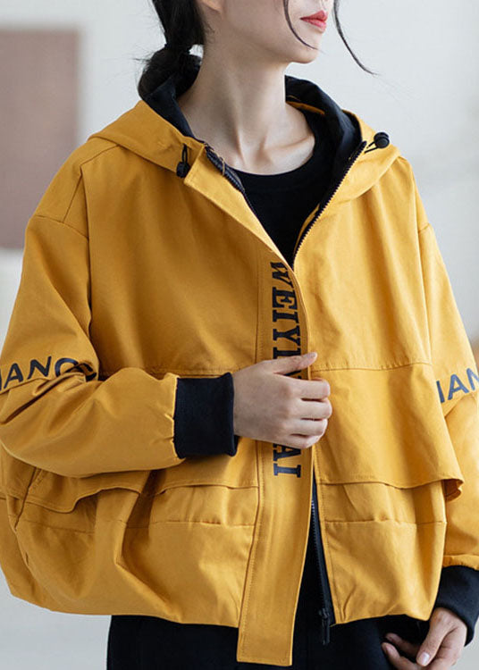 Loose Yellow Zippered Fall Hoodie Coat