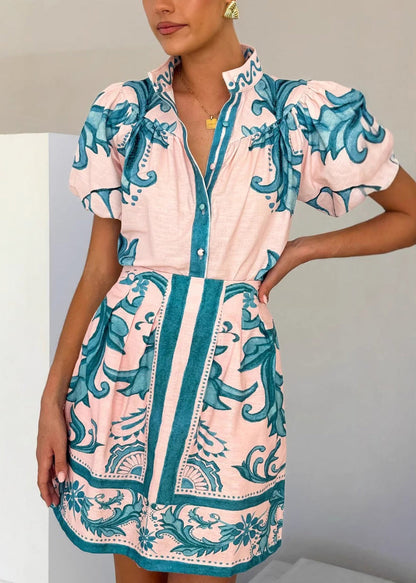 Red Stand Collar Print Shirts and Skirts Two Pieces Set Summer