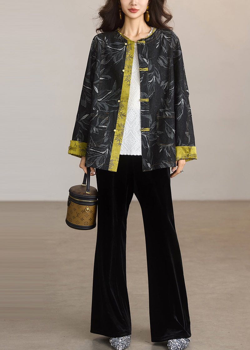 Black Print Patchwork Chinese Button Denim Jackets Spring
