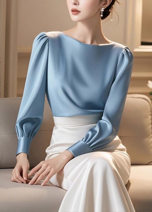 Slim Fit Blue Original Design Silk Shirt Fall