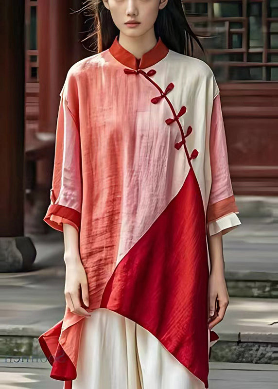 Red Asymmetrical Patchwork Chinese Button Linen Shirts Summer
