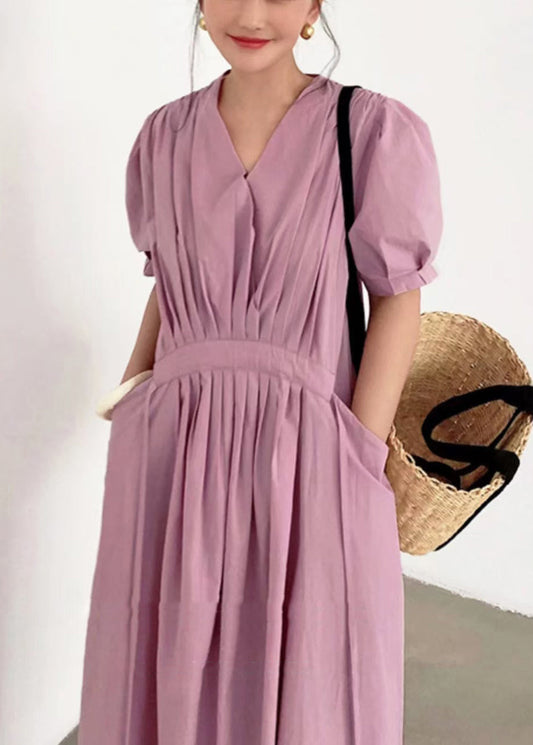 Pink Wrinkled Pockets Tie Waist Cotton Long Dresses Summer