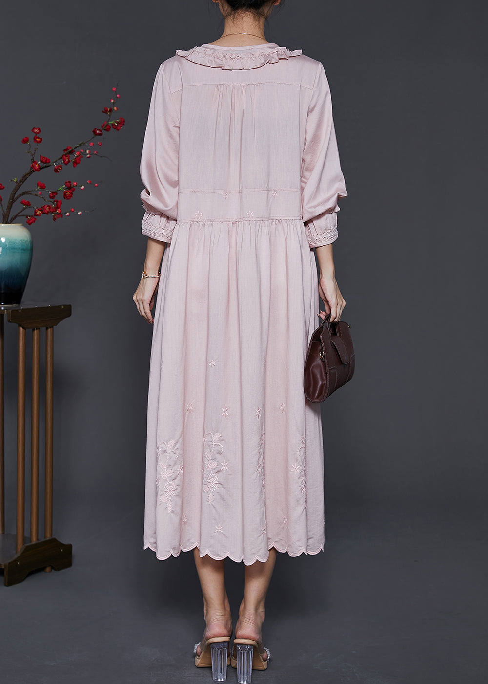 Style Pink Ruffled Embroidered Cotton Shirt Dress Spring