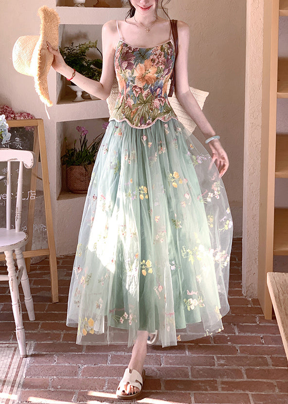 New Green Print Spaghetti Strap Tank and Tulle Skirts Two Pieces Set Sleeveless